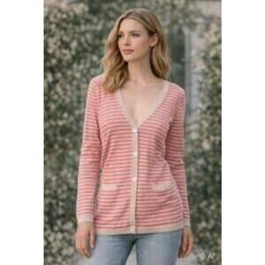 Talbots Petite Medium Pink Cream Striped Button Cardigan Italian Merino Wool